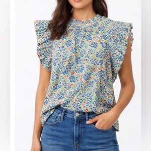 JODIFL Floral Ruffle Sleeve Blouse - Blue, Green and Red: New With Tags